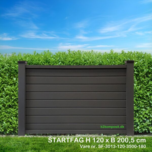 K2 komposithegn gråsort uden træstruktur startfag med komposit notstolper og komposit top-/bundbrædder